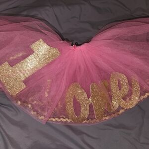 Mudpie 1st Birthday Tutu 12mo Pink w/matching hat clip